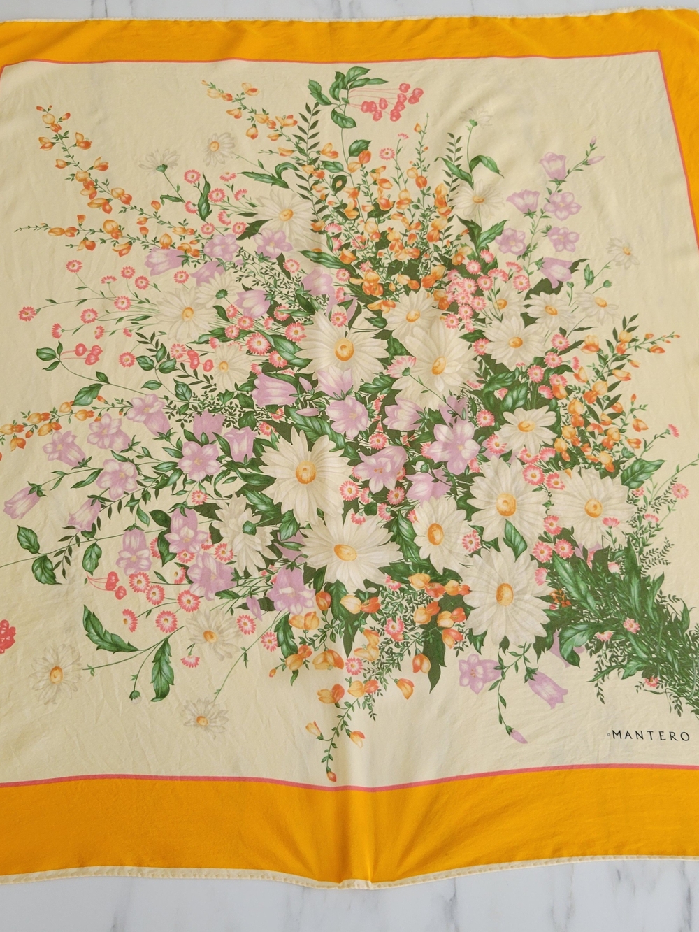 Vintage Mantero Italian Silk Scarf 80s Wildflower Botanical Marigold Carre 33"